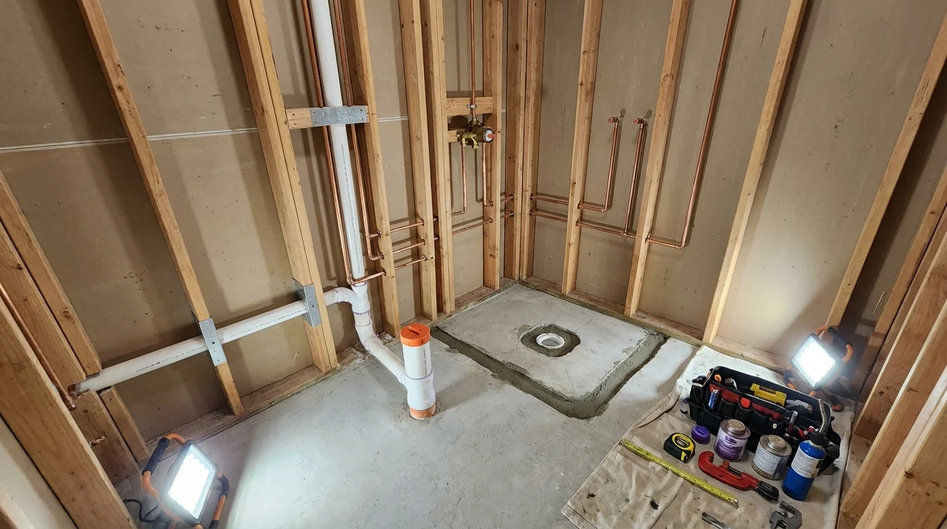 Bathroom rough-in plumbing during remodel by Johns Plumbing LLC in Earlville