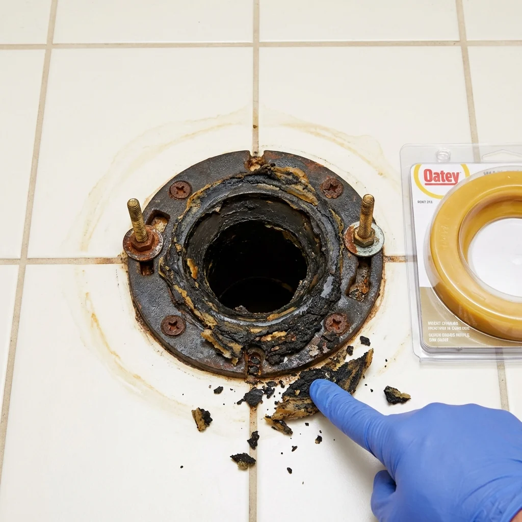 Failed wax ring showing water seepage at the base of a toilet in a Earlville, IL home