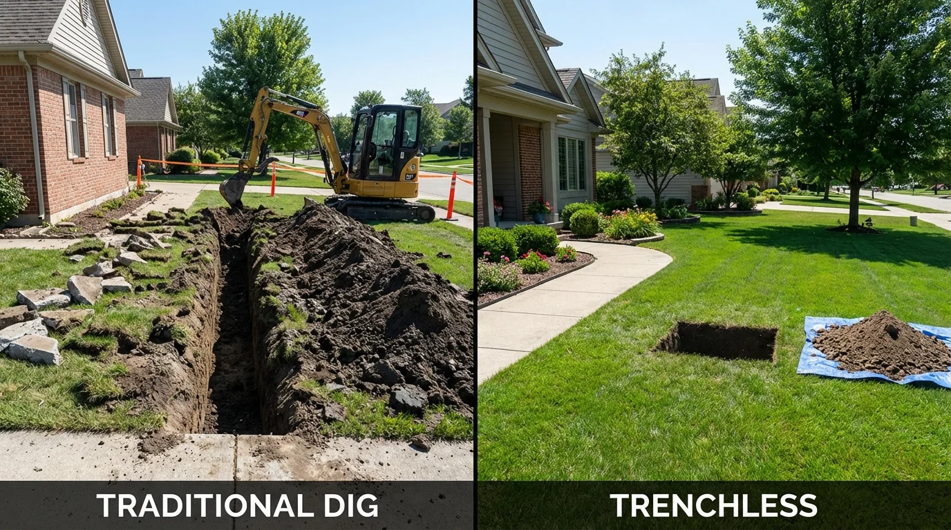 Trenchless sewer repair with minimal yard damage versus traditional excavation in Earlville, IL